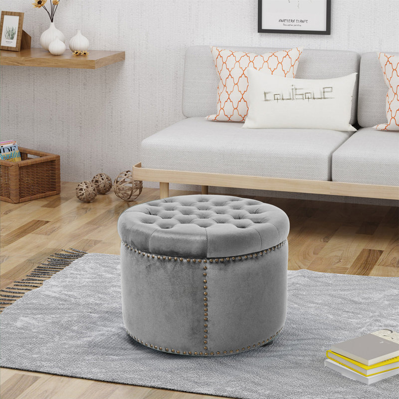 Helotes Tufted Round Cocktail Ottoman, Light Grey
