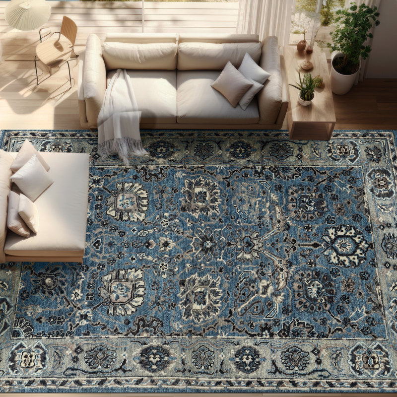 Tapis bleu clair et gris clair noué à la main de haute qualité, Rectangulaire 3 pi x 5 pi