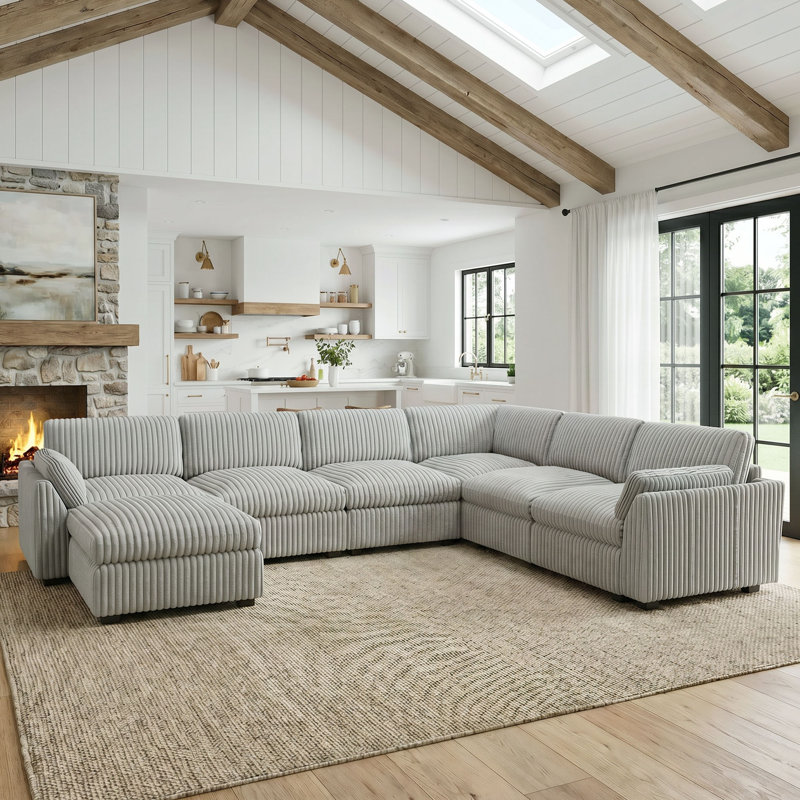 137.8" W U-Shaped Modular Sectional , Gray Corduroy