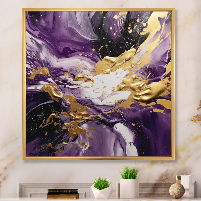 «Mauve et or», impression d'art mural abstrait, Cadre flottant doré, H 24 po x l 24 po x P 1 po