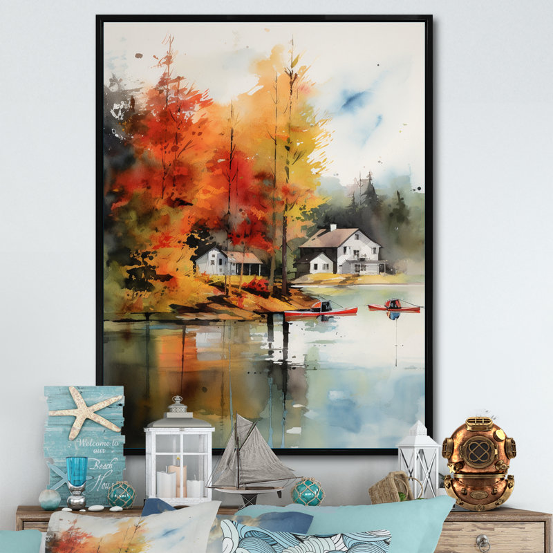 Aquarelle pittoresque, journée d'automne au bord du lac - reproduction, H 40 po x l 30 po x P 1,5 po, Cadre flottant noir