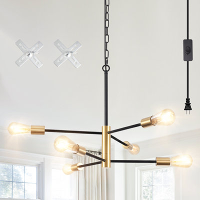 26" In 6-Light Modern Farmhouse Plug In Pendant Light With 15Ft Plug In Cord & On/Off Switch, Industrial Kitchen Dining Room Chandelier