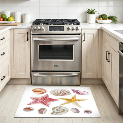 White Machine Washable,Watercolor of Topical Shell Starfish Indoor Area Rug