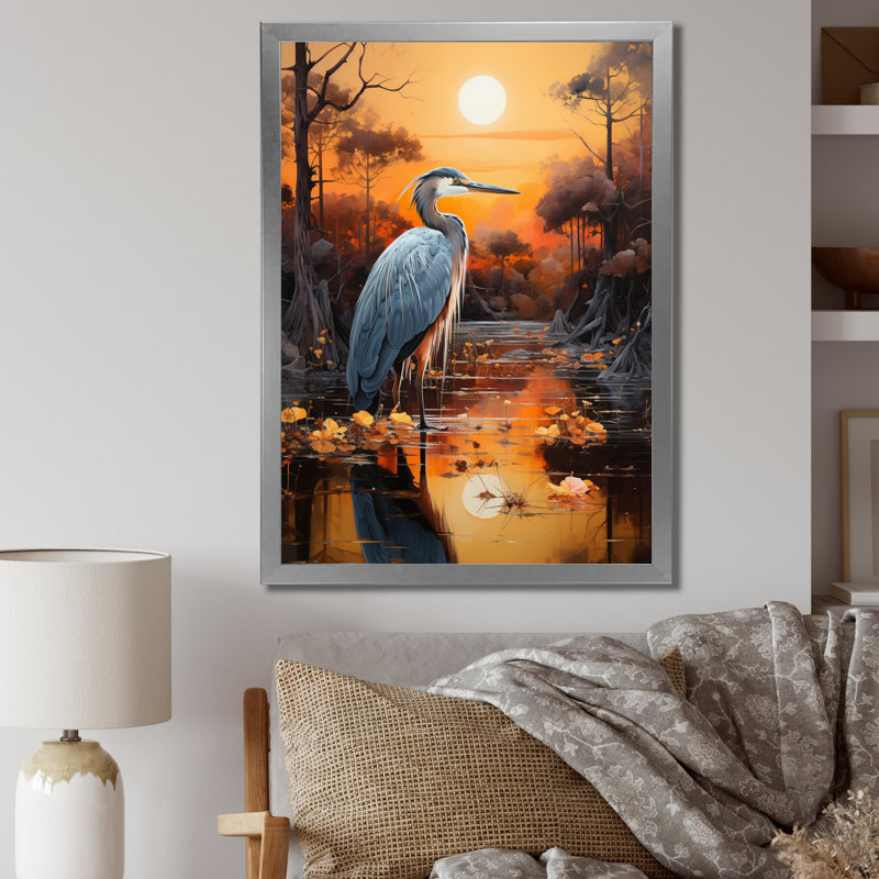 Bedourie Heron Silent Waters Pointillism II sur toile, H 20 po x l 12 po x P 1 po, Cadre photo argenté