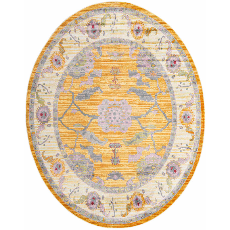 Tapis oriental jaune / beige / gris Haefner, Ovale 8 pi 2 po x 10 pi