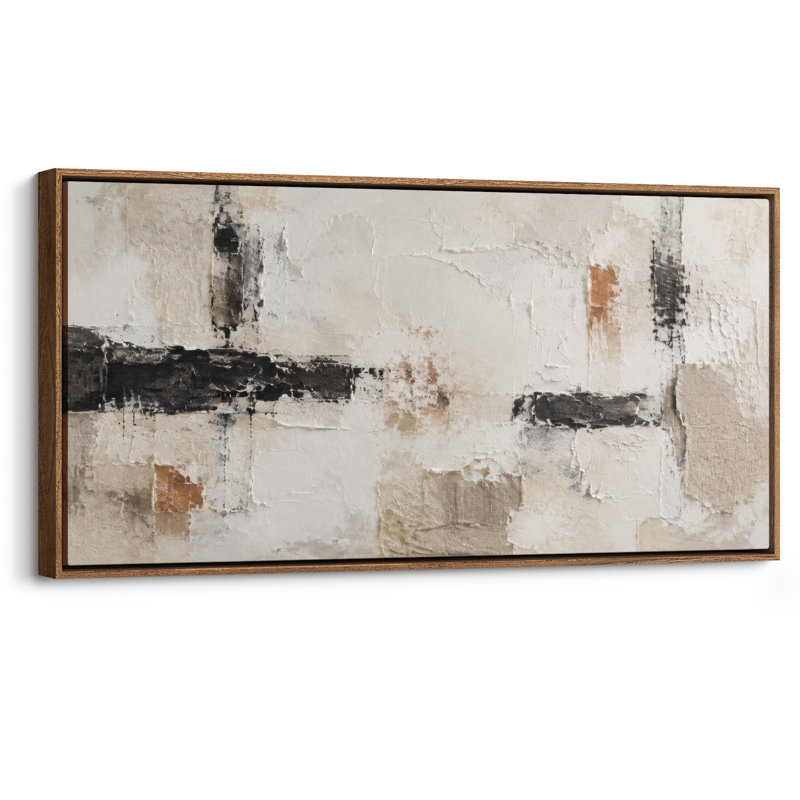 Toile encadrée extra large, composition abstraite neutre noire et beige, art mural, H 30 po x l 60 po, Natural