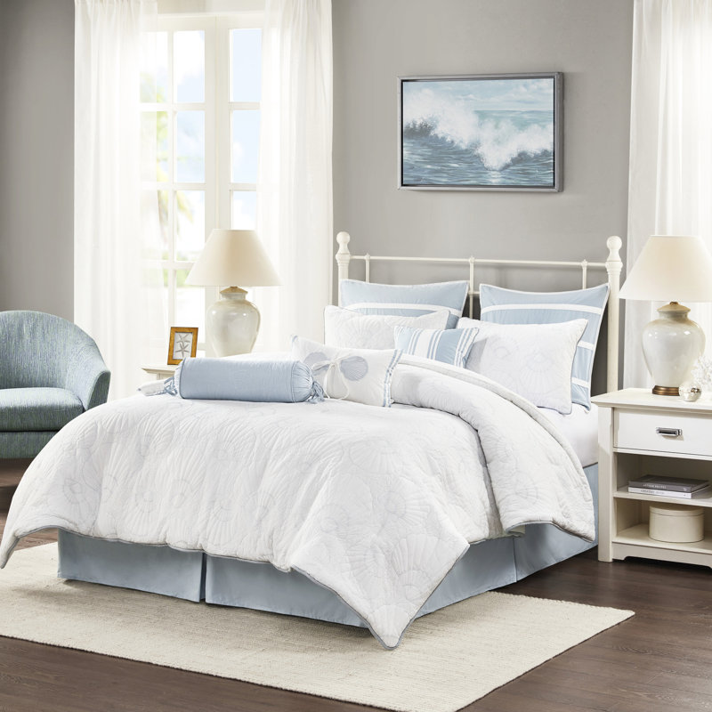 Édredon 100% coton pour grand lit, matelassage bleu à motif de coquillages de rêve, comprend un édredon, une jupe de lit et 2 taies décoratives, coton blanc, atmosphère relaxante et rembourrée