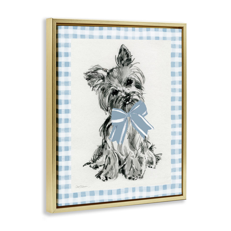  «Yorkie with Plaid Border», art mural sur toile par Carol Robinson, H 21 po x l 17 po, Cadre flottant métallique doré