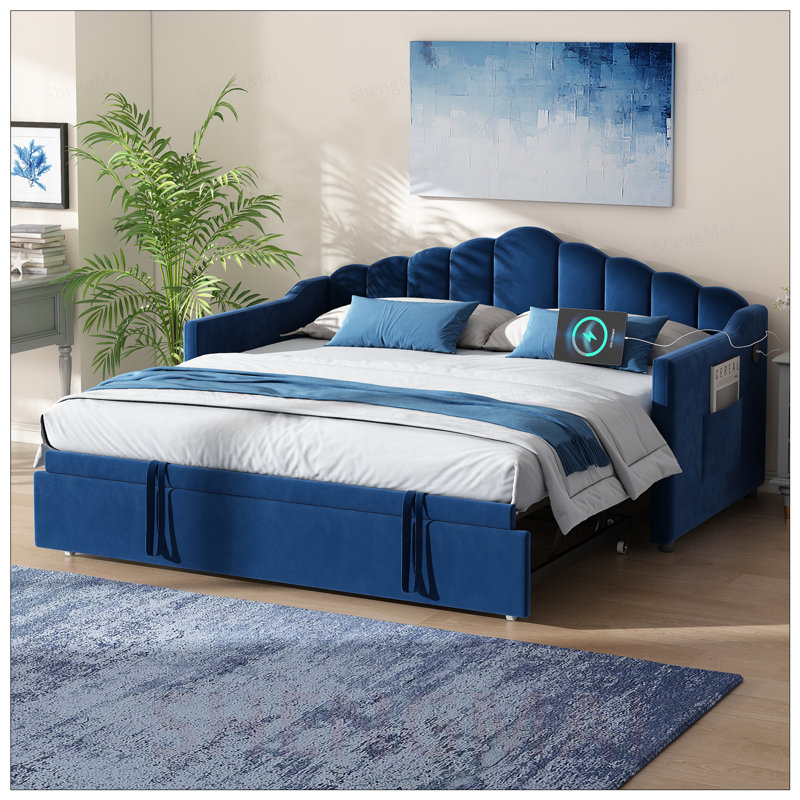 Lit de jour rembourré simple avec lit gigogne escamotable à hauteur réglable, chargement USB et Type-C, 2 poches latérales, aucun sommier nécessaire
