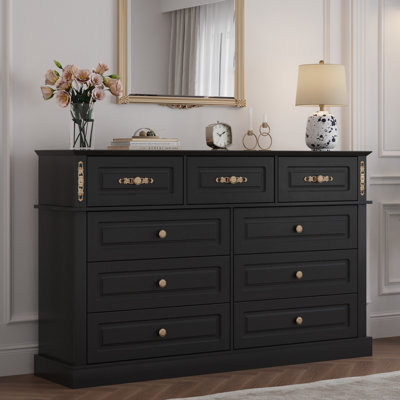 Extra Large 9 Drawers Dresser With Gold Knobs, 63" Wide Long Dresser For Bedroom Lark Manor Color: Black