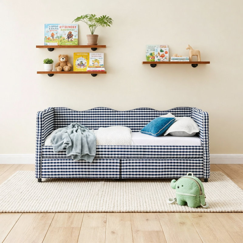 Twin Size Cozy Gingham Daybed with Two Storage Drawers, with USB Port and Adorable Wave Shaped, Linen Fabric, Navy