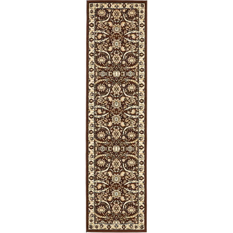 Tapis brun à motif floral Britannia, Tapis de couloir 2 pi 7 po x 10 pi