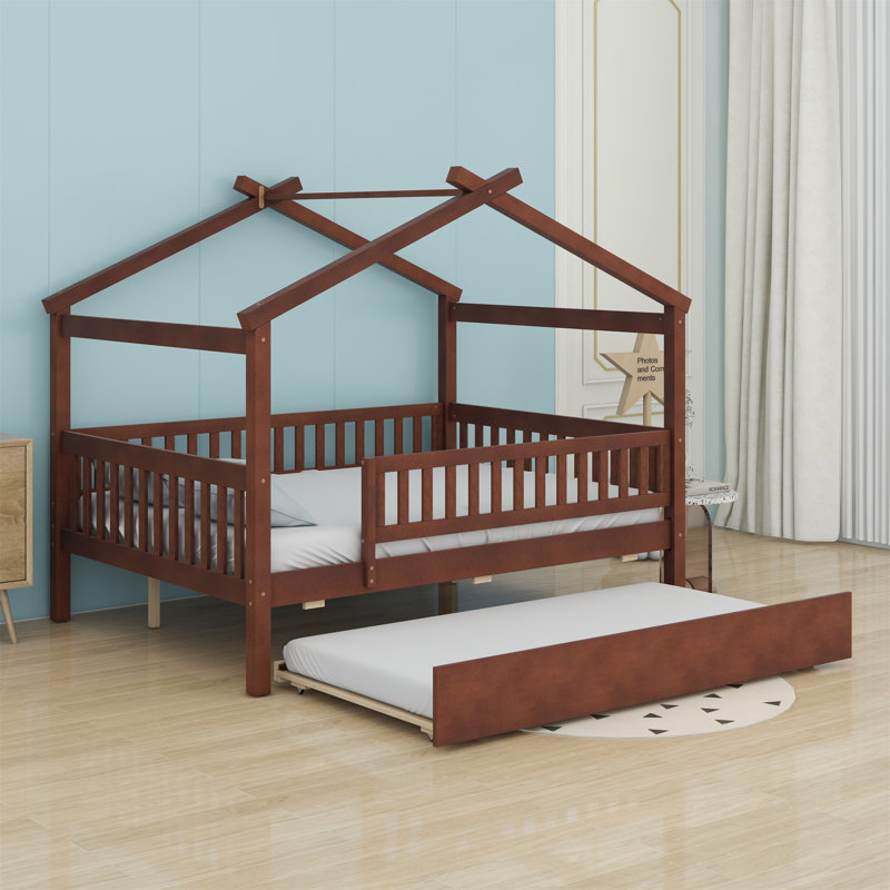 Wooden House Bed with Trundle, Walnut, Full