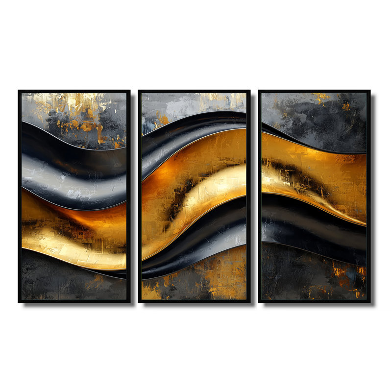 «Geometric Cooper Waves II», ensemble de 3 spirales abstraites, H 28 po x l 36 po, Noir