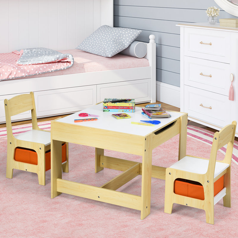 Thurmont Kids 3 Piece Square Play Or Activity Table and Chair Set, White, Natural