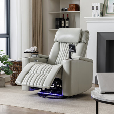 270° Power Swivel Recliner, Home Theater Seating With Hidden Arm Storage And Led Light Strip, Cup Holder, 360° Swivel Tray Table, And Cell Phone Holder, Soft Living Room Chair, Grey