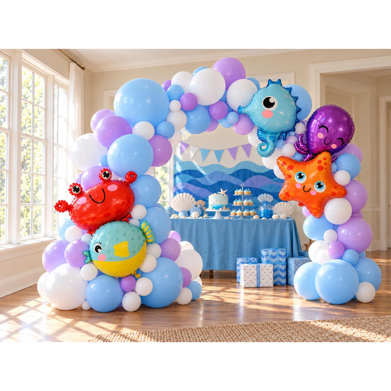Ensemble de guirlande de ballons sous la mer, 121 ballons, cinq feuilles d'animaux de mer, décor d'anniversaire bleu clair, mauve clair, blanc
