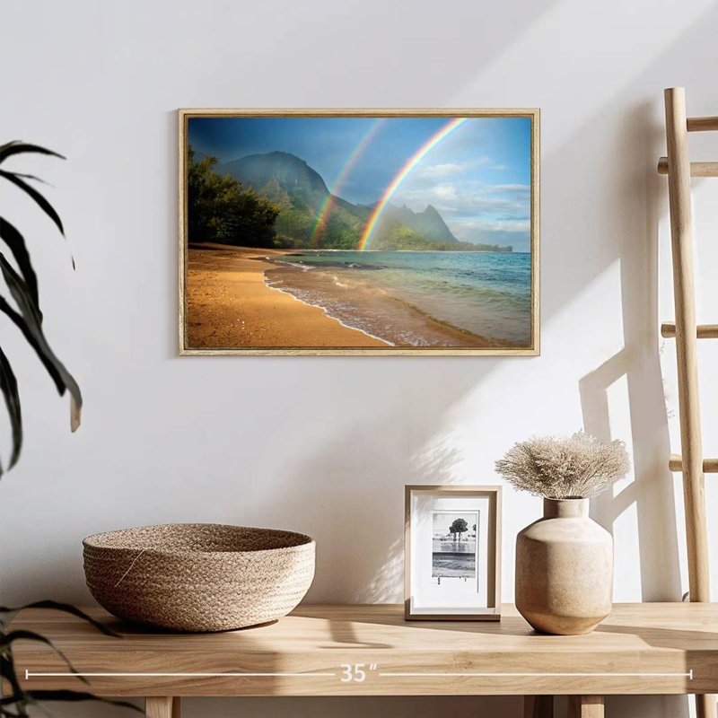 Kauai Double Rainbow, 19" X 13", Floating Frame Natural Wood