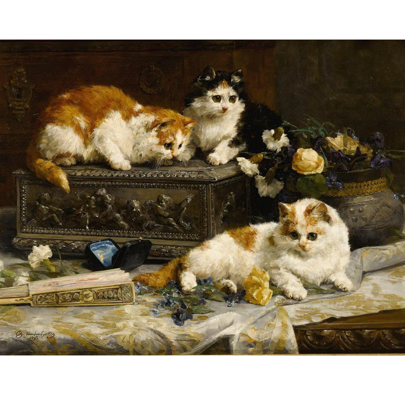 «Three Watchful Kittens» par Charles Van Den Eycken - Art mural sur toile tendue avec châssis, H 14 po x l 18 po