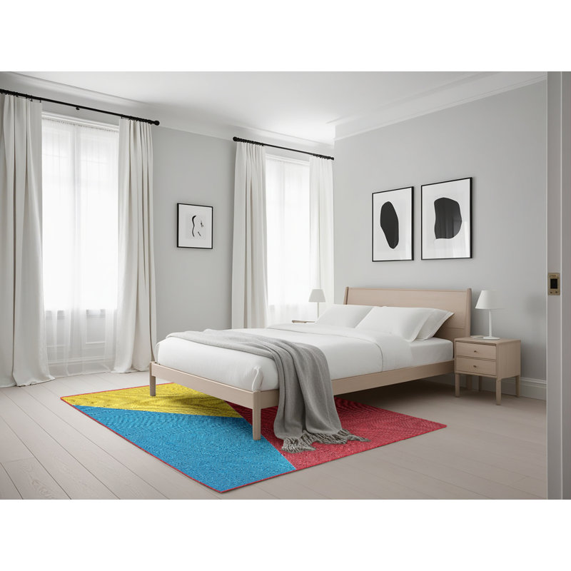 Tapis à motifs jaune/bleu/mehroon area, Rectangle 5 pi x 7 pi