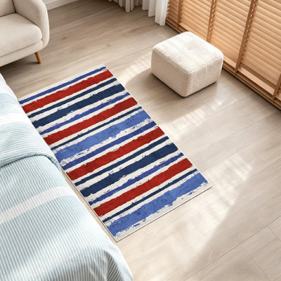 Blue Machine Washable,Usa Color Style and Striped Indoor Area Rug
