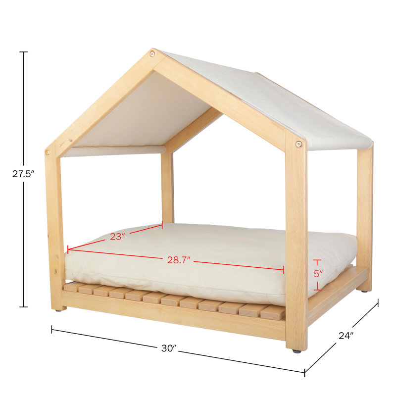 Small Natural Wood Indoor Dog House with Cushion and Canopy