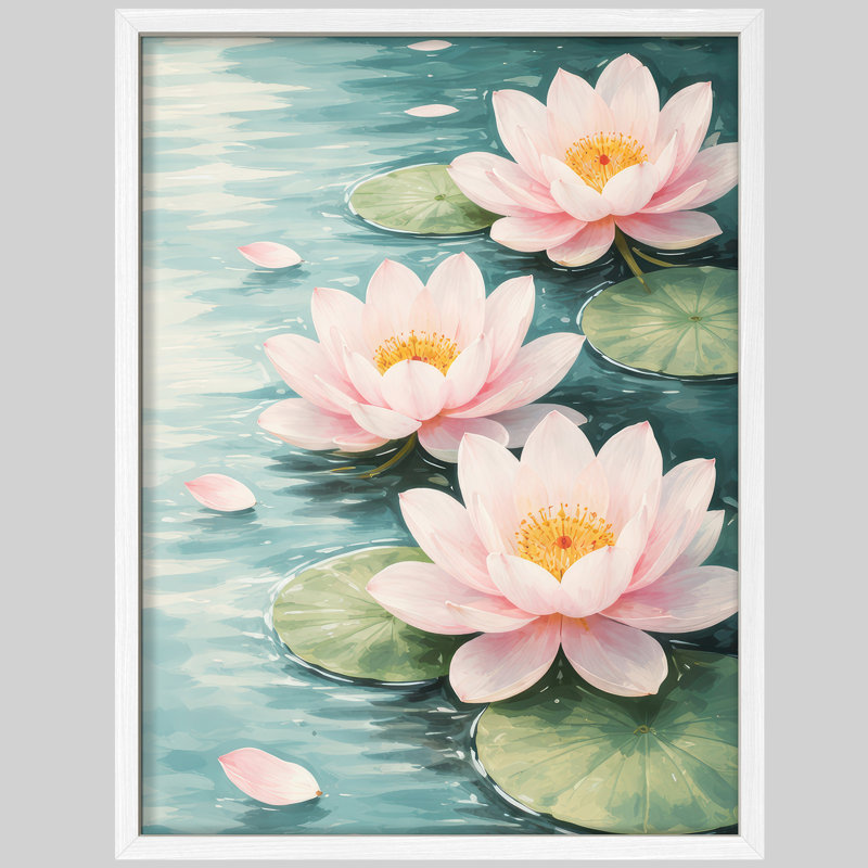 Pink Lotus Water Garden Framed Wall Art Prints - Tranquil Floral Bathroom Bedroom, H 10 po x l 8 po, Blanc