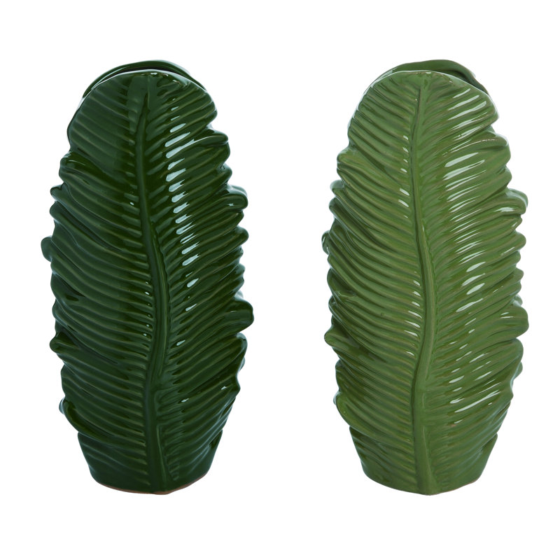  Ensemble de 2 vases en céramique en forme de feuille verte, 10,5 po H