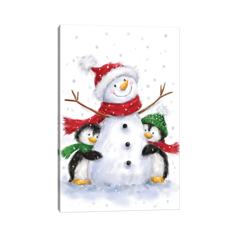 Bonhomme de neige avec deux pingouins - impression sur toile tendue, H 12 po x l 8 po x P 0,75 po