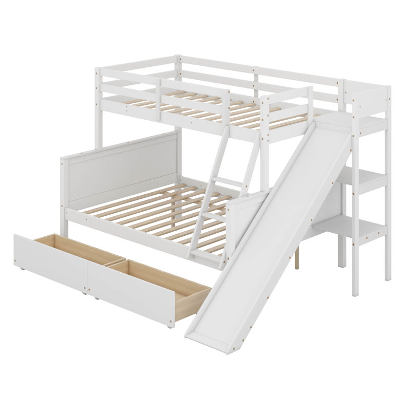 Lit superposé simple au-dessus de double en bois d'hévéa - glissoire, 2 tiroirs, tablettes et échelle, Blanc