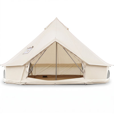 Costway 10 ft Bell Tent with Stove Jack, Mesh Windows & Doors, Accommodates 2-4 Person Beige