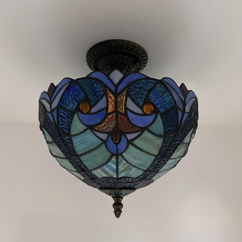 Plafonnier Tiffany avec ampoules DEL en vitrail incluses l 12 po x P 12 po x H 12 po, Bleu / vert