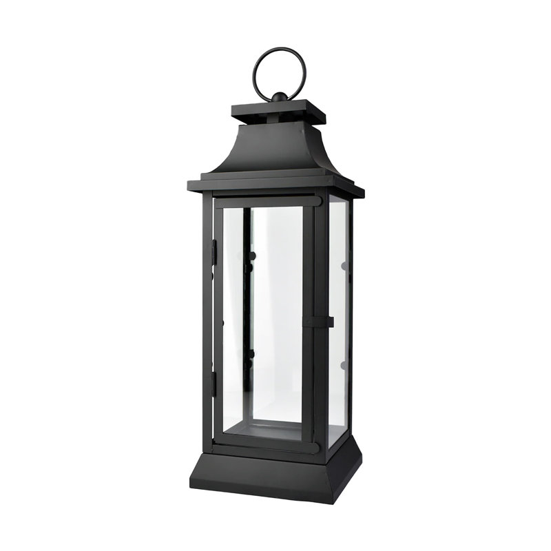 Metal and Glass Outdoor Floor Lantern, 20" H x 6.75" D x 6.75" D, Black