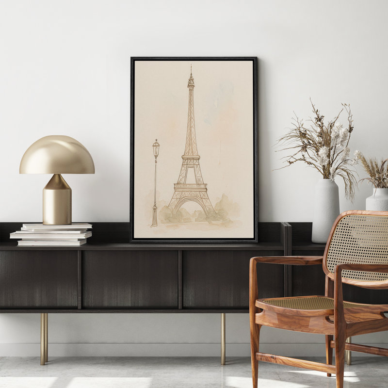 «Eiffel Tower Line Line Paris Architecture Neutral Wall Decor», reproduction d'art sur toile encadrée, Cadre flottant noir