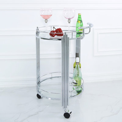 2 Tier Tea Wine Serving Cart for Kitchen, 75cm Drinks Metal and Tempered Glass Bar Trolley