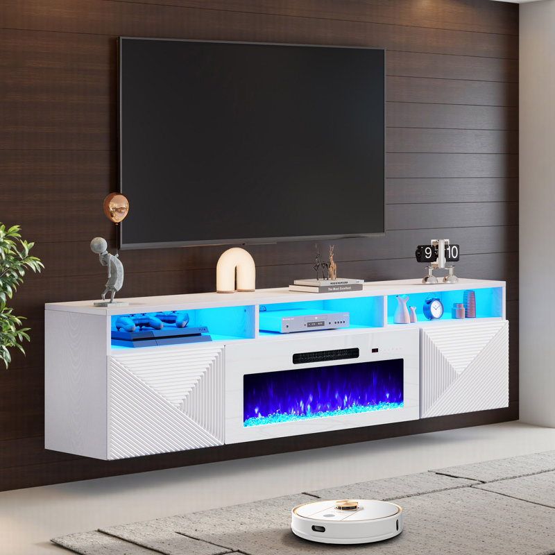 Meuble télé Delphi pour foyer flottant, lumière DEL et 3 tablettes de rangement supplémentaires, Blanc, 70"