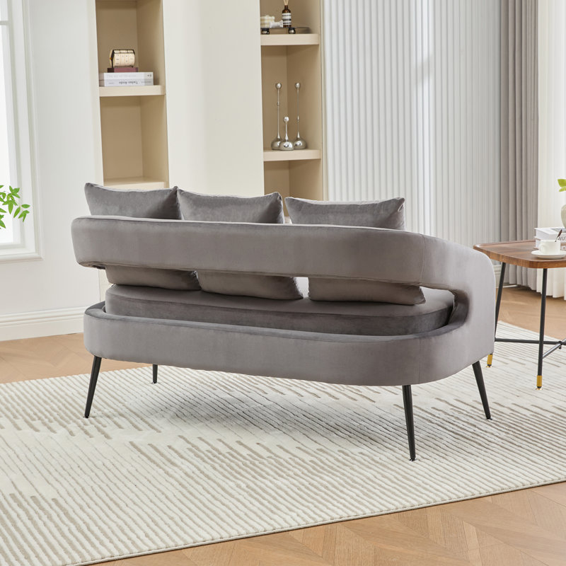 Causeuse rembourrée en velours avec 3 coussins et pieds en métal, Gris anthracite