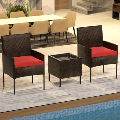 3-Piece Rattan Patio Set With 2 Armchairs, Soft Waterproof Cushions & Tempered Glass Coffee Table (Brown-Red)
