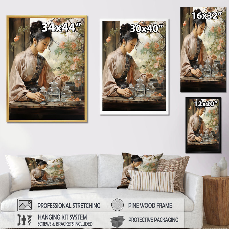Cobbins Asian Art Harmony In Tea V, reproduction d'art sur toile, Cadre flottant doré, H 40 po x l 30 po x P 1,5 po