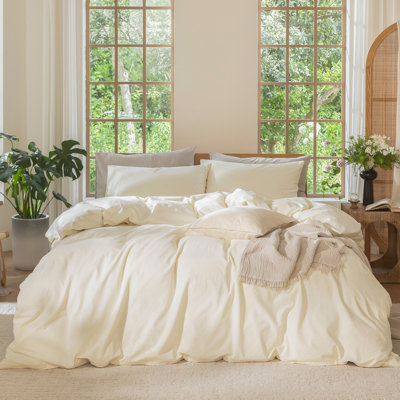 MooMee Duvet Cover Set 100% Washed Cotton Linen Like Textured Lightweight