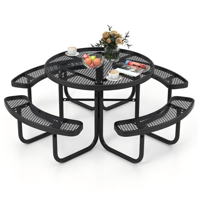 Metal Round Picnic Table Bench Set For 6