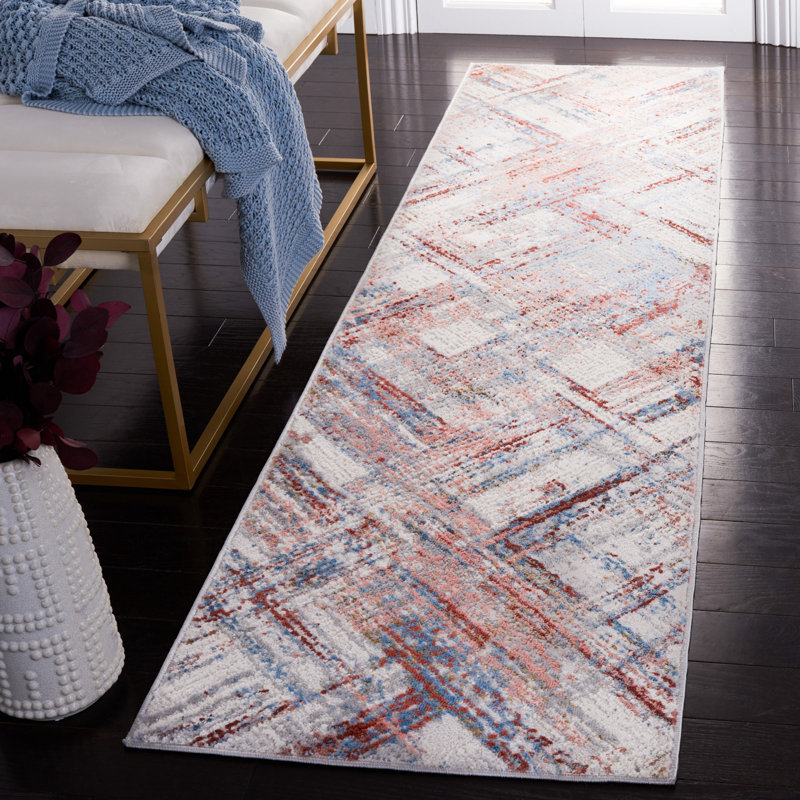 Tapis géométrique ivoire / rouille / bleu, Tapis de couloir 2 pi 2 po x 8 pi