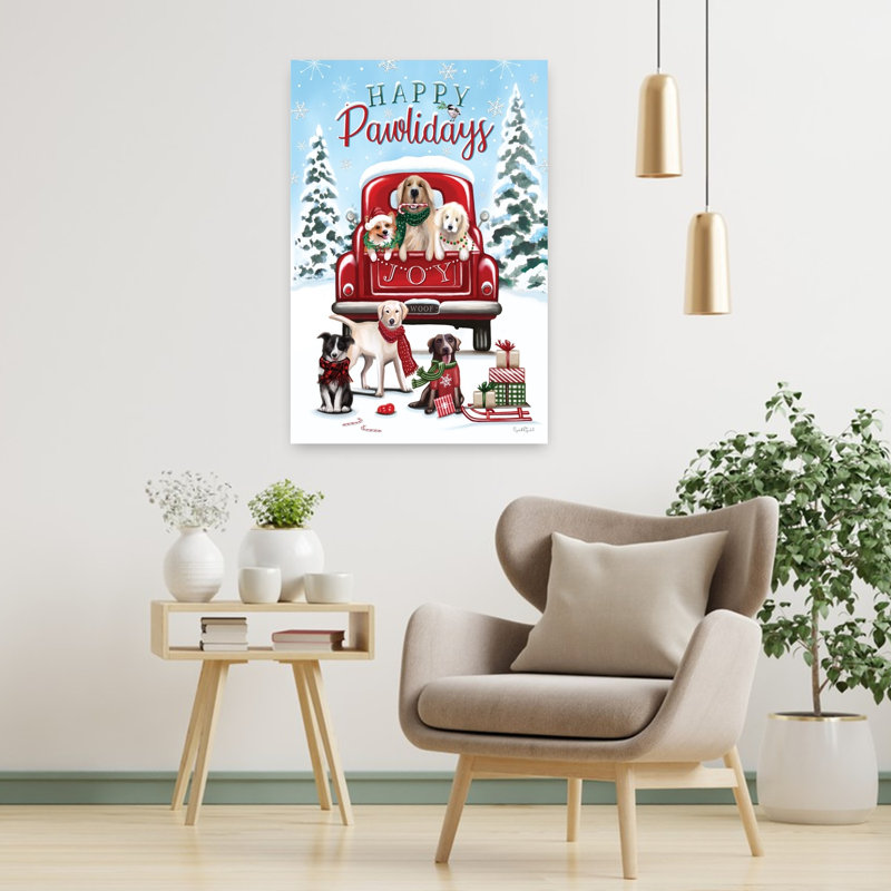 «Happy Pawlidays Dogs», art contemporain abstrait avec paysage de chien, H 36 po x l 24 po