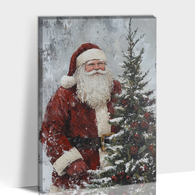 Grand Abiel - Père Noël et arbre de Noël, affiche de peinture, scène d'hiver des Fêtes, œuvres d'art murales de campagne pour le salon, la cuisine, la salle de bain, 24 po x 32 po