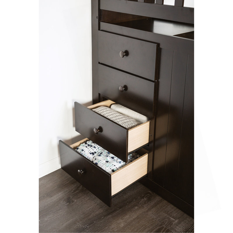 Lit superposé simple au-dessus d'un lit simple avec marches avant de style transitionnel et 4 tiroirs de rangement sous le comptoir, espresso