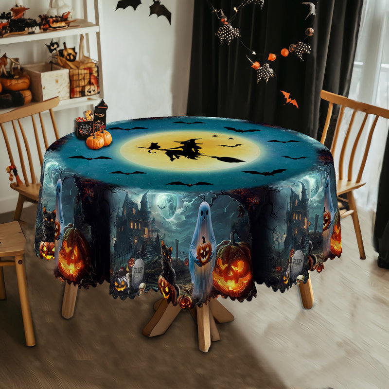 Nappe imprimée sur le thème de l'Halloween 1pc, nappe ronde / rectangulaire Jour des Morts, décoration de table de salle à manger, décoration de salle à manger de fête intérieure, cadeau de fournitures de cuisine des Fêtes