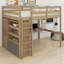 Structure de lit mezzanine en bois tout-en-un avec garde-robe intégrée, bureau de poste de travail, tablettes de rangement ouvertes et tiroirs-312849651