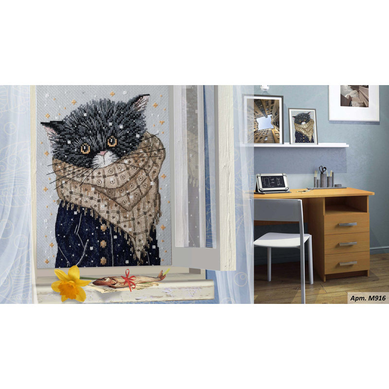 Trousse de broderie au point de croix comptée « À la recherche de mon chat-poisson à l'écharpe » de RTO M916