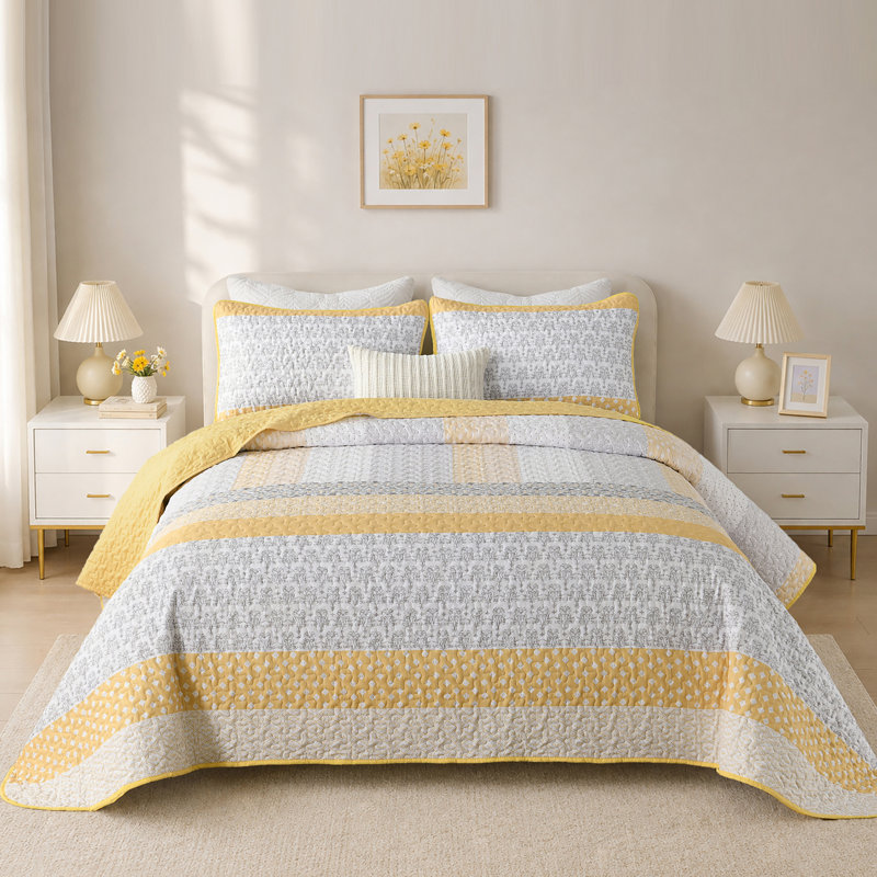 Ensemble de courtepointe 3 pièces à rayures bohémiennes en microfibre légère toutes saisons, Jaune