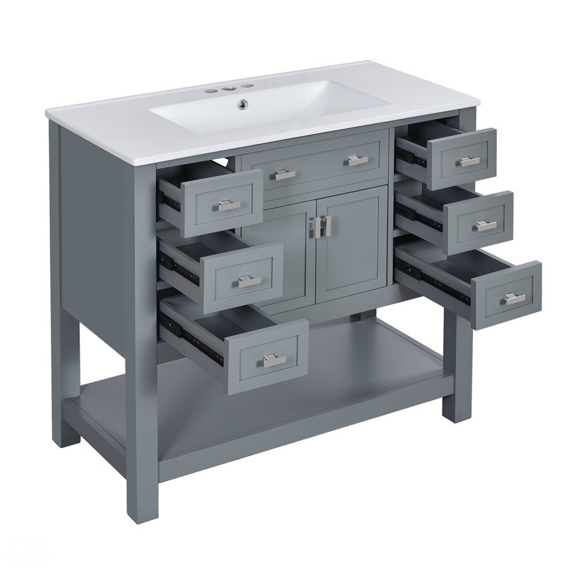 Meuble-lavabo 36 po avec lavabo supérieur, armoire de rangement moderne avec 2 portes à fermeture douce et 6 tiroirs, meuble-lavabo simple, meuble-lavabo